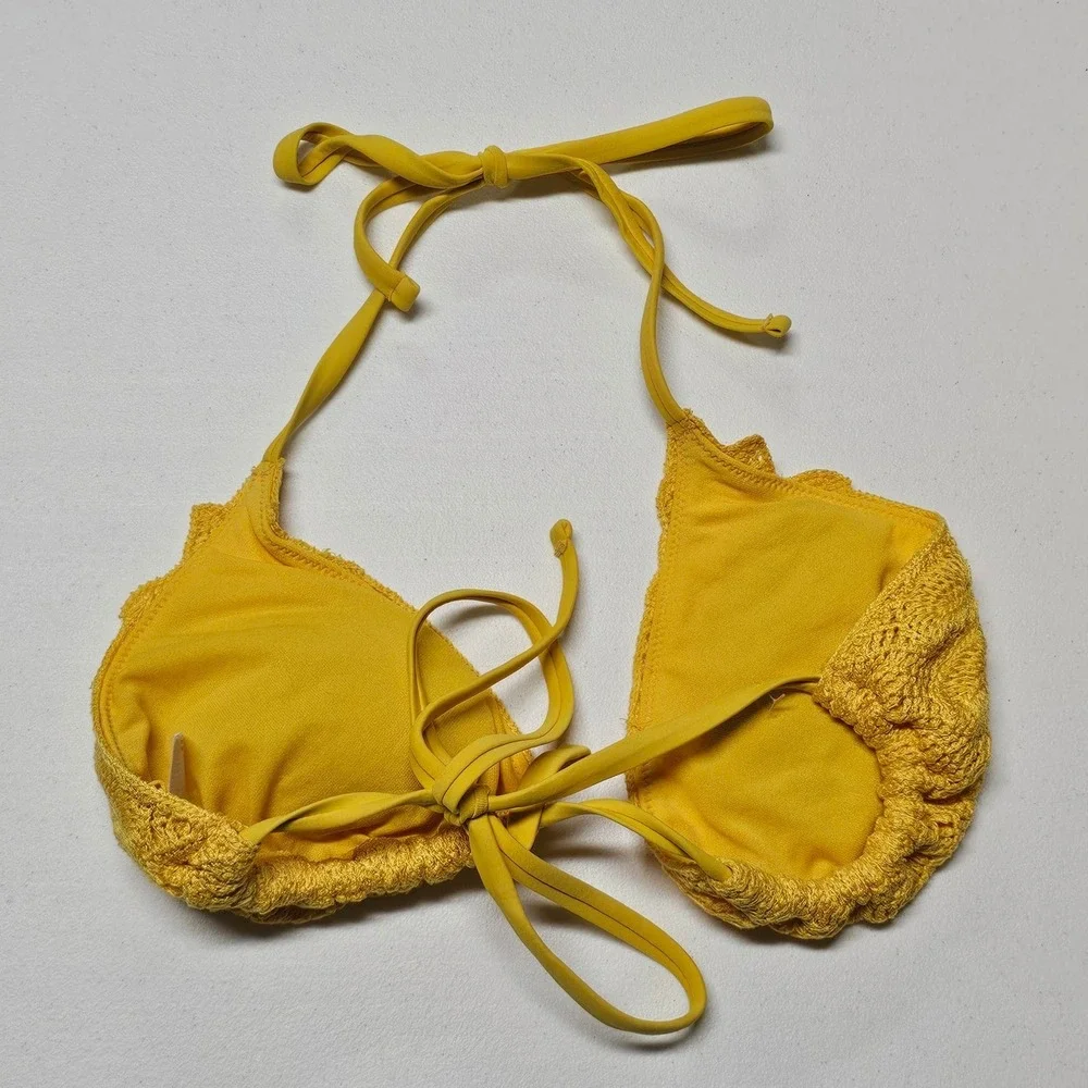 Shade & Shore Yellow Crochet Embroidered Triangle Bikini Top Large Halter‎ Tie